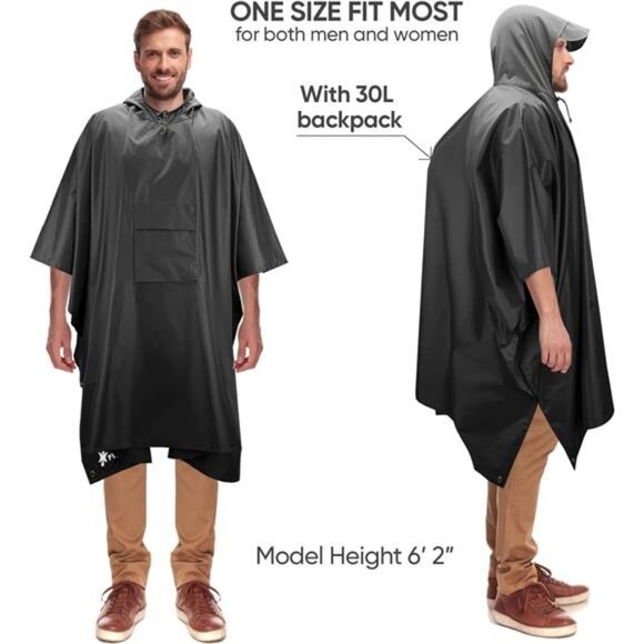 Hooded Rain Poncho for Adult with Pocket, Waterproof Lightweight Unisex Raincoat - Picture 4 of 7